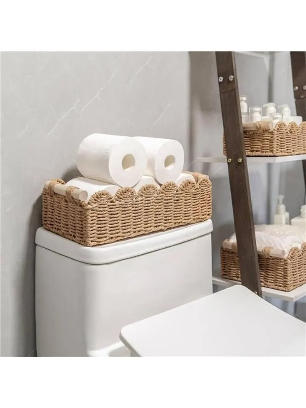 Neutral scalloped edge storage basket small woven bin for bathroom decor